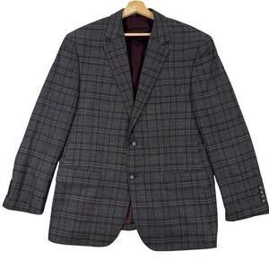 NEW Jos A Bank Men 44R Blazer Jacket Grey Plaid Traveler Tailored Fit Wool Blend